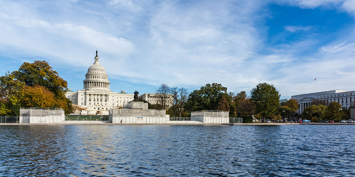 Distant shot across water of Wisconsin's capitol building